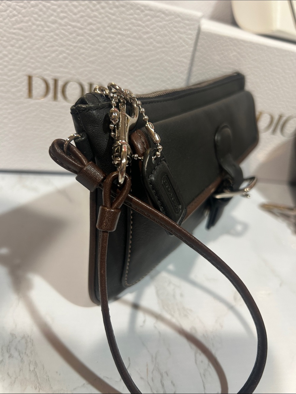 Coach Black Leather Wristlet with Brown Trim and Buckle - Picture 6 of 6
